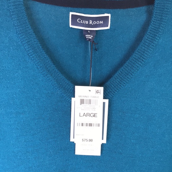 CLUB ROOM Men sweater Majestic Teal Blue V-Neck Wool Blend - Picture 5 of 7